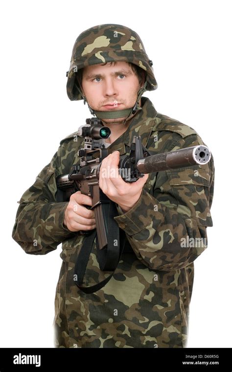 Armed Soldier Pointing M16 Upperhalf Stock Photo Alamy
