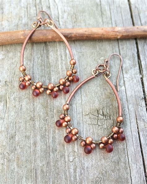 Copper Hoop Earrings Copper Jewelry Bohemian Earrings Red Jewelry