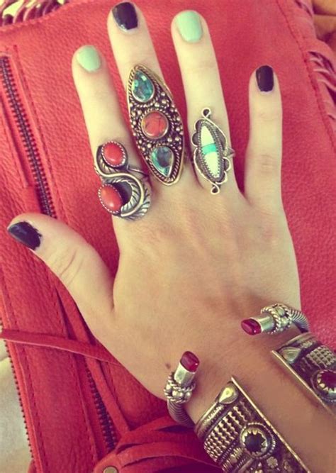 Turquoise And Coral Silver Rings Hippie Boho Bohemian Southwestern