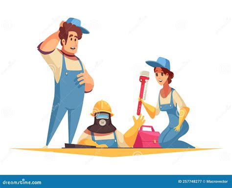 Plumbers Repairing The Pipes And Fittings Of Water Supply Vector