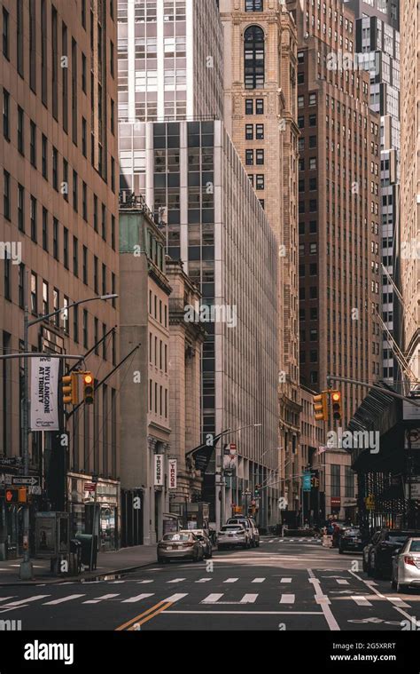 A City Street With Tall Buildings Financial District Manhattan New