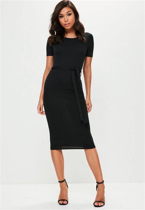 Black Short Sleeve Tie Waist Midi Dress Dresses Midi Dress Trending