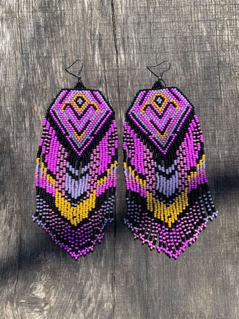 Purple And Black Native America Inspired Beaded Earrings Etsy Beadwork Patterns Bead Work
