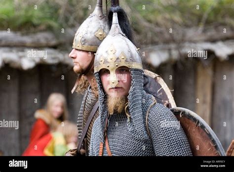 Close Up Of Viking Warrior At A Battle Re Enactment In Denmark Stock