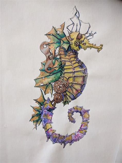 Mechanical Seahorse Painting In Inktense By Crystal James Cant Get