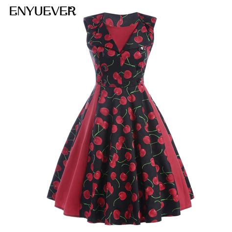 Enyuever Summer Dress 2018 Vestidos Casual Floral Cherry Print Patchwork Retro 50s Swing Pinup