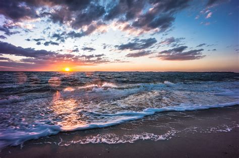Wallpaper Ocean Sunset Sea Sun Beach Clouds Sand Surf Waves