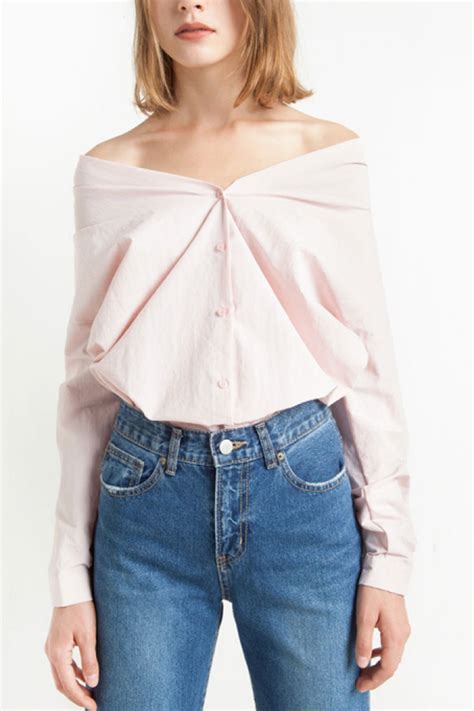 Light Pink Long Sleeve Off Shoulder Button Up Shirt Slimming Shirts