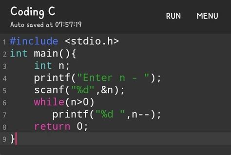C Program Print All Natural Numbers In Reverse From N To 1 Using While Loop