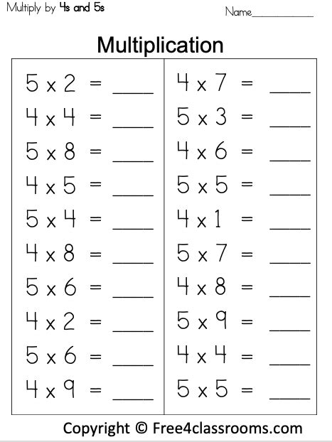 Free Multiplication Worksheet 4s And 5s Free4classrooms