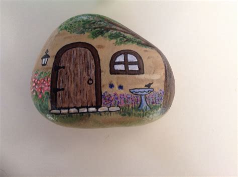 Rock Painted Cottage With Birdbath By H Reardon Pebble Painting Stone