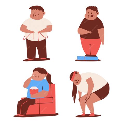 Obesidad Y Conjunto De Dibujos Animados De Niños Gordos Aislado En Un