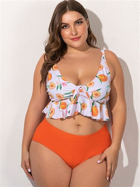 Ruffle Peach Print Tankinis Plus Size Two Piece Bathing Suits