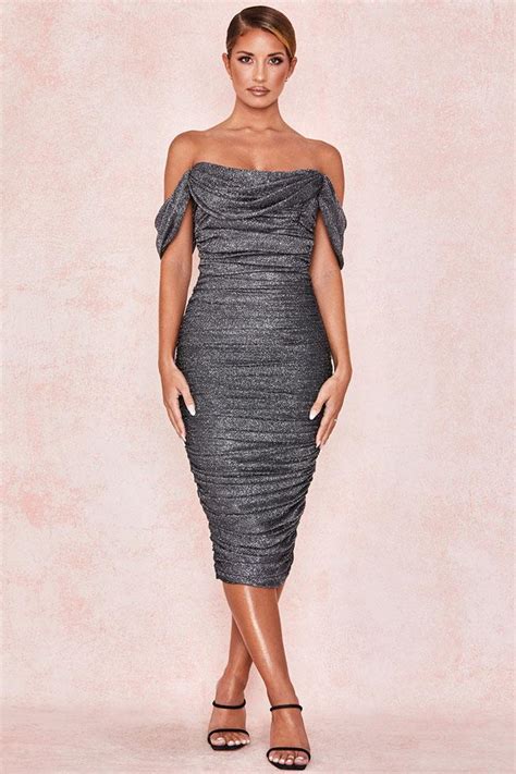 Cutesove Sparkly Off Shoulder Ruched Bodycon Midi Cocktail Party Dress
