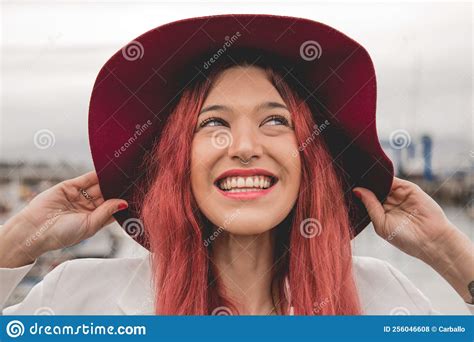 Woman Or Girl With Hat Smiling Happy Stock Photo Image Of Outdoors