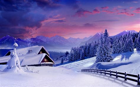 Landscape Winter Snow Mountain Trees Sky Cabin Wallpapers HD Desktop And Mobile Backgrounds