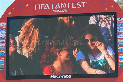 moscow russia june 28 2018 football fans on the main monitor of fifa fan fest 2018