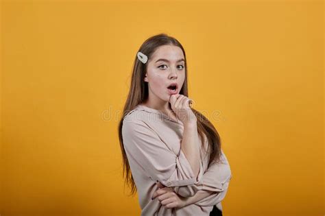 Shocked Caucasian Woman Keeping Hand On Chin Opened Mouth Hugging