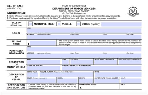 Free Connecticut Motor Vehicle Vessel Dmv Bill Of Sale Form Pdf