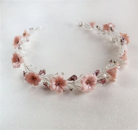 Wedding Headband For Bride With Pink Flowers Crystals And Etsy