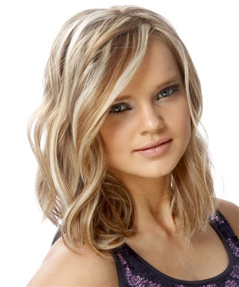 Medium Wavy Casual Hairstyle Caramel Blonde Hair Color With Light