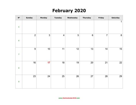 Blank Calendar For February 2020