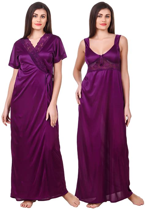 Buy Fasense Women Satin Purple Nightwear 2 Pc Set Of Nighty And Wrap Online