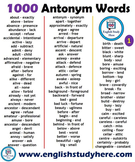 1000 Opposite Antonym Words List Antonyms Words List Learn English