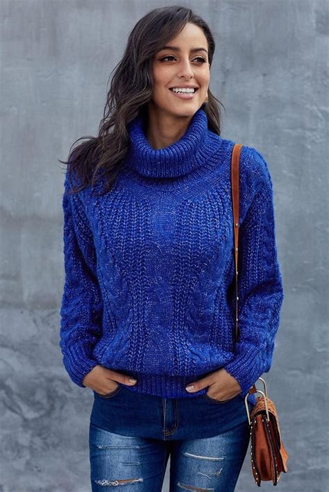 Blue Chunky Turtleneck Knitted Sweater Chunky Turtleneck Sweater Turtle Neck Fashion