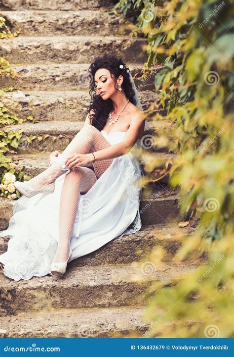 Woman In Stockings Lingerie On Wedding Day Woman Wear Lace Garter On