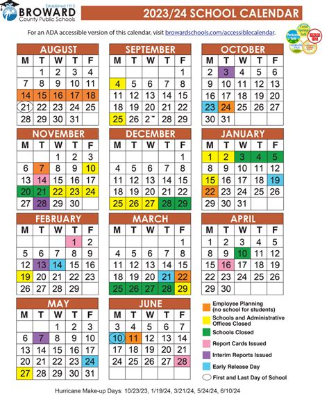 Official 202324 Broward County Public Schools Color Calendar Coral