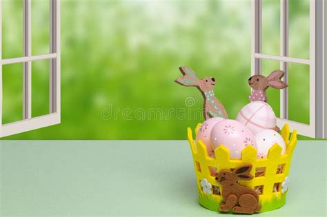 Easter Montage With Bunnies Eggs For Photo Studio Backdrop Stock Photo