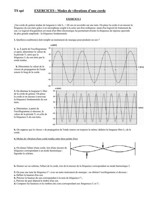 Ondes exercices supplémentaires 1) une onde sinusoïdale progressive sur une corde est donnée par y ( x, t ) 0,03cos (2, 4 x 12t 0,1) où x et y sont en cm et t en seconde. Exercices Onde Stationnaire Et Onde Progressive : Cours ...