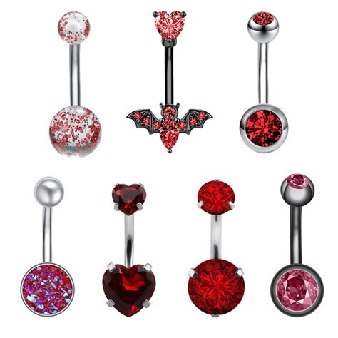 Zs 14g Cubic Zirconia Belly Button Rings Opal Red Color Belly Navel
