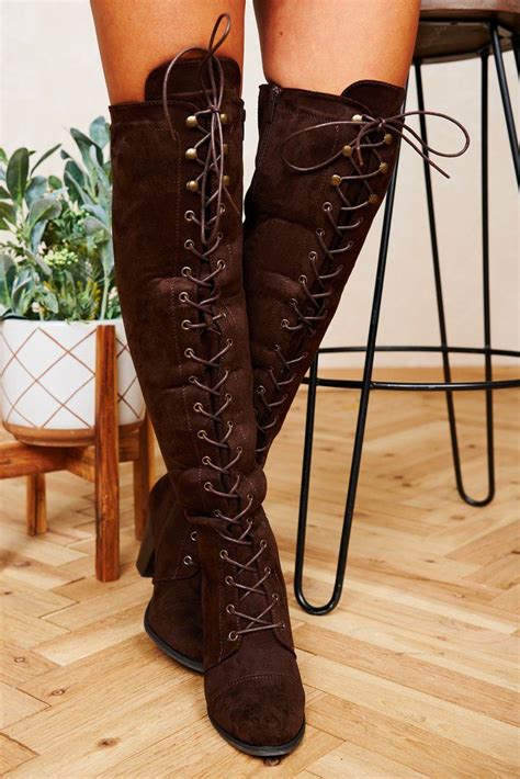 Just Enough Lace Up Knee High Boots Brown Lace Boots Long Leather