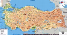 Grande mapa físico de Turquía con carreteras, ciudades y aeropuertos ...