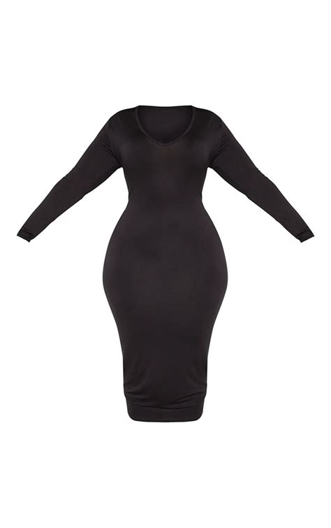 Plus Black Jersey V Neck Long Sleeve Midi Dress Prettylittlething Qa