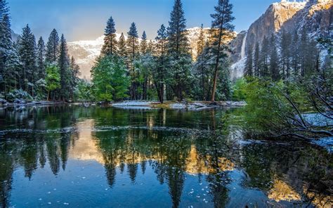 壁纸 冬季，山，树，湖，优胜美地国家公园，美国，加利福尼亚州 1920x1200 Hd 高清壁纸 图片 照片