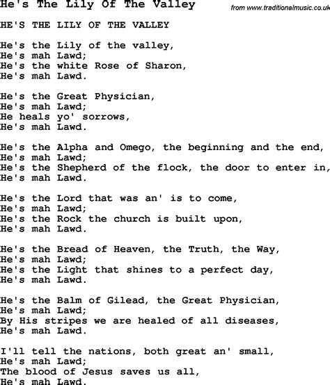 Negro Spiritualslave Song Lyrics For Hes The Lily Of The Valley