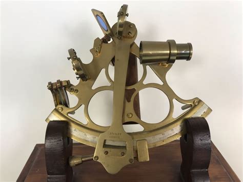 stanley london brass sextant nautical navigation instrument with wooden display stand 12w x 6d x
