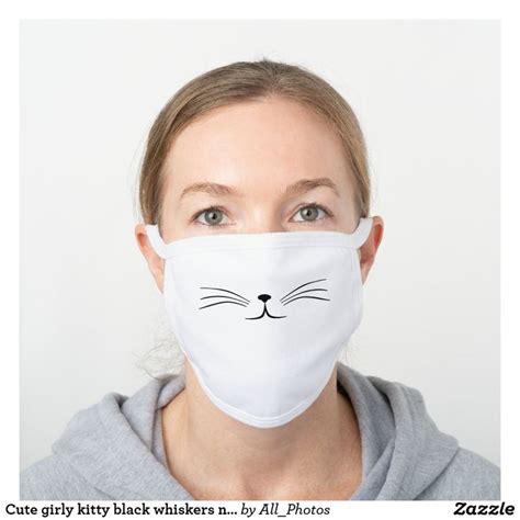 Cute Girly Kitty Black Whiskers Nose And Mouth White Cotton Face Mask