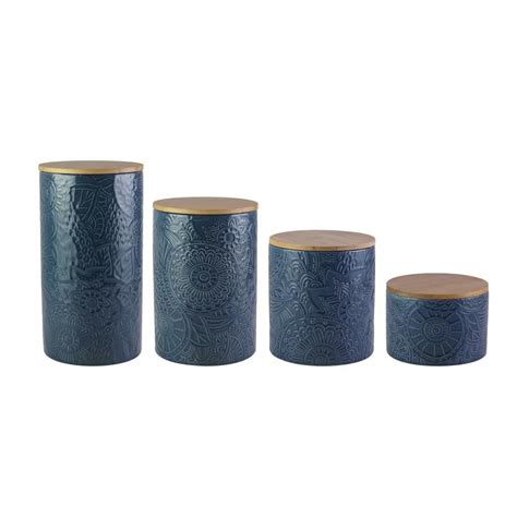 Jay Import Company 4 Piece Embossed Blue Stoneware Canister Set With