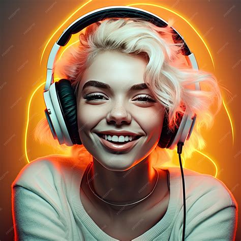 Premium Ai Image Joyful Woman With Headphones Smiling Looking At