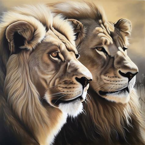 Pair Lion Lions Portrait Drawing Sketch Illustration Stock Illustration