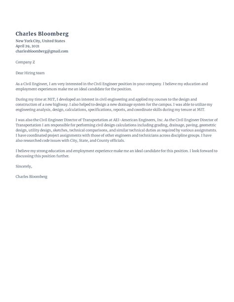 Civil Engineering Internship Cover Letter