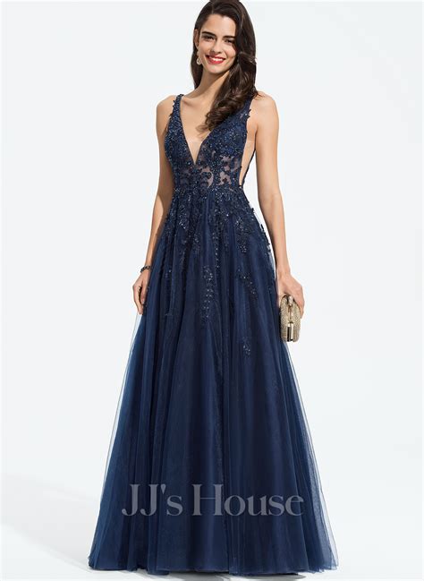 A Line V Neck Floor Length Tulle Prom Dresses With Beading Sequins 018187207 Jj S House