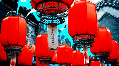 Free Download Chinas Wind Lantern Asia Red Cyan Wallpaper