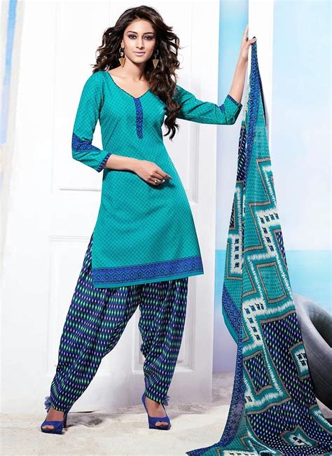 Buy Turquoise Cotton Patiala Suit Salwar Kameez Online Shopping