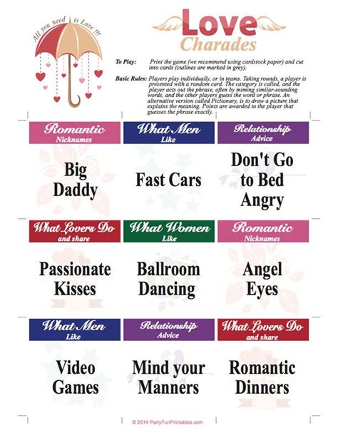 Printable Charade Cards That Spell L O V E Valentine Party Game