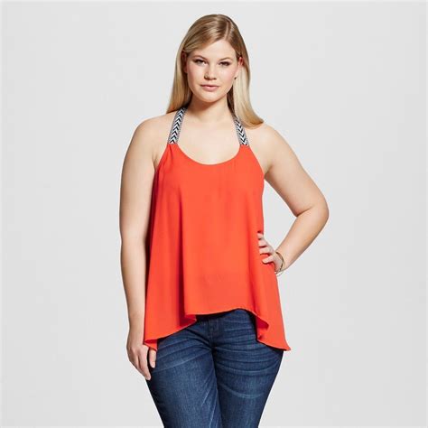 Womens Plus Size Sleeveless Top With Chevron Shoulder Straps Orange